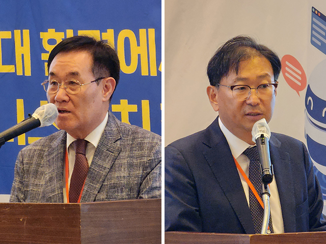 개회사를 하는 공봉석 한국PMO협회 상근부회장(왼쪽)과 환영사를 하는 이상열 KAVI 회장. 박광하 기자