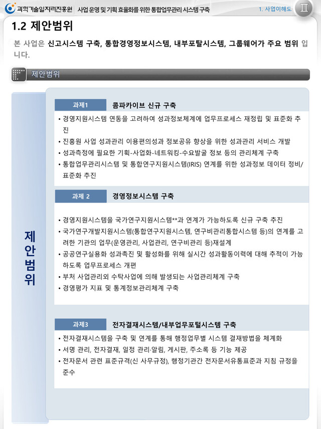 A사가 제출한 '통합업무시스템 구축 제안서'. 과기부