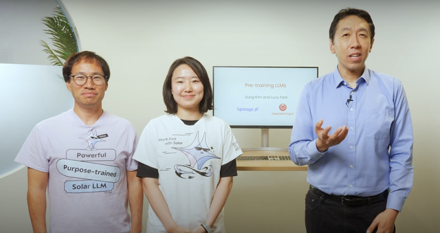 업스테이지가 글로벌 온라인 교육 플랫폼 '딥러닝AI'를 통해 LLM 개발 강좌를 무료로 선보인다. 사진은 왼쪽부터 업스테이지의 김성훈 대표와 박은정 CSO, 미국 스탠퍼드대의 앤드류 응 교수. 업스테이지